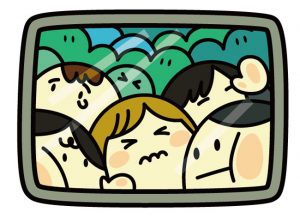 ギュウギュウに詰め込まれた人間のイラスト。たくさん積めるとパイプ枕が硬くなるというイメージ