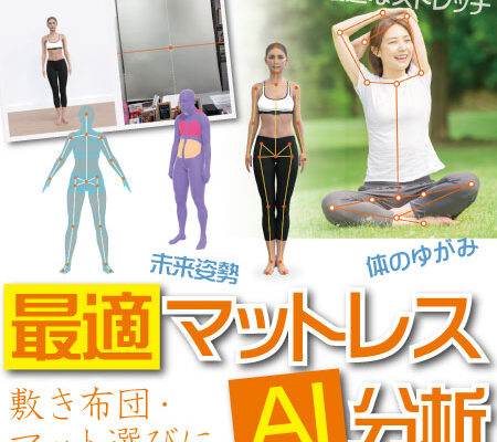 使用者の画像を２枚とるだけで体のゆがみを検出。最適な敷き布団・マットを分析し、未来姿勢やストレッチなども提案できます。
